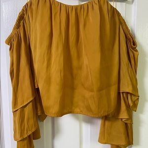 Lulus strapless crop top with cha cha sleeves in silky mustard yellow In size M